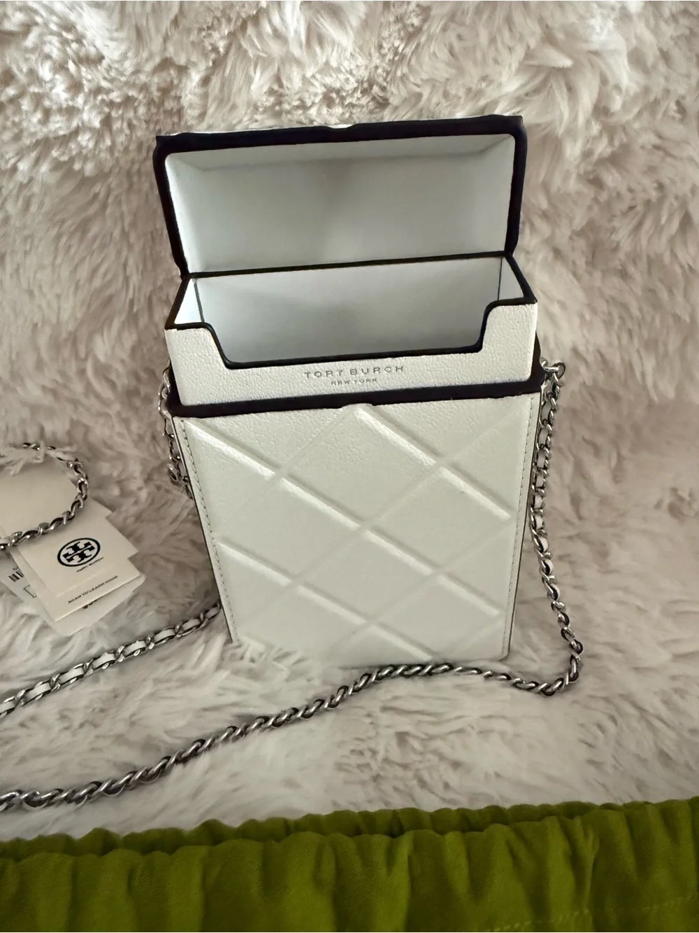 Tory Burch White Quilted Phone Crossbody with Silver Chain